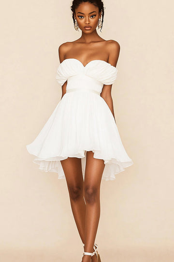 White Off The Shoulder A Line Chiffon Pleated Short Graduation Dress